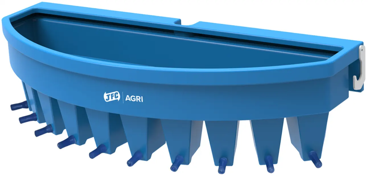 10-Teat Compartment Calf Feeder by JFC Agri in blue with ten teat nipples.