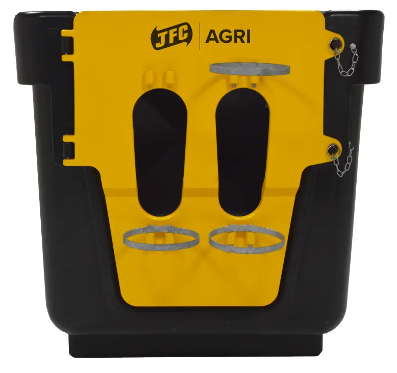 JFC Agri Large Indoor Calf Crib, 60kg capacity, yellow front panel with two calf access slots.