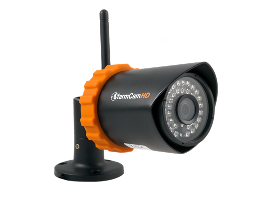 JFC Agri FarmCam HD wireless CCTV camera with orange ring and antenna on mounting stand.