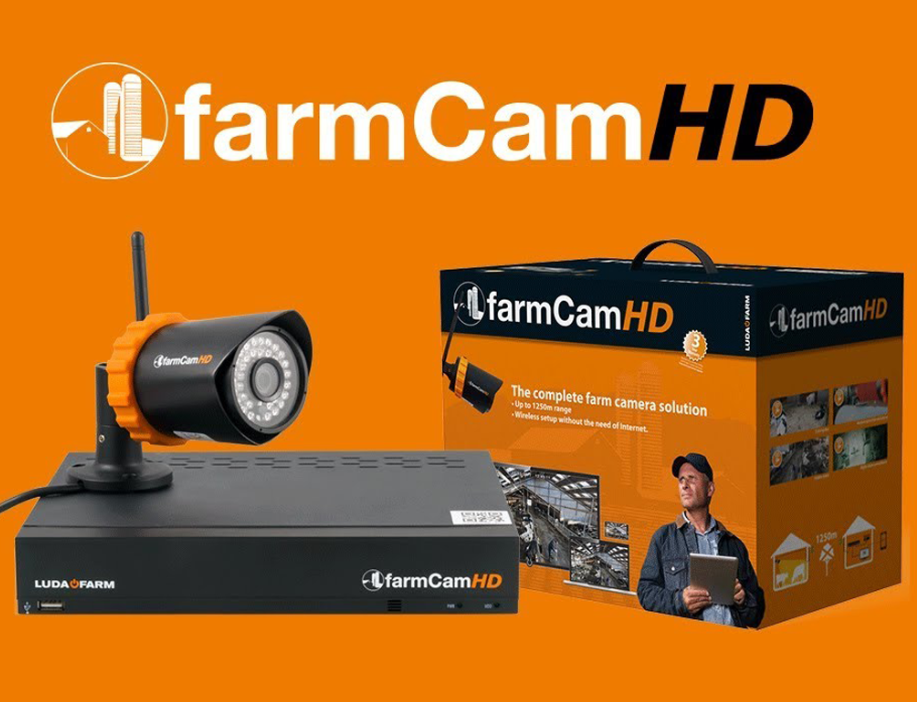 FarmCam HD wireless CCTV starter pack with 1 camera and receiver on orange box packaging.