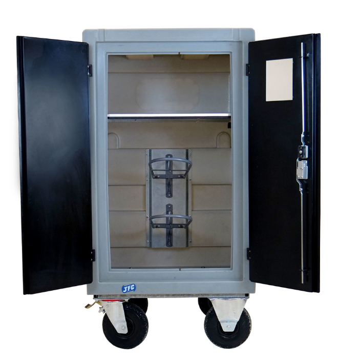 JFC Agri equine tack locker, light grey lockable horse tack storage on wheels with interior rack.