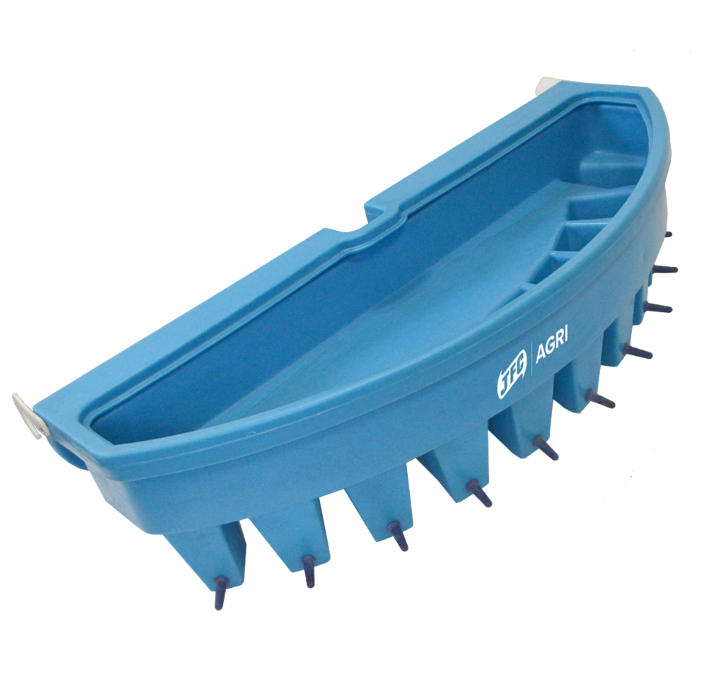 JFC Agri 10-teat lamb feeder, blue plastic with gate/fence mount, 10×2L capacity.