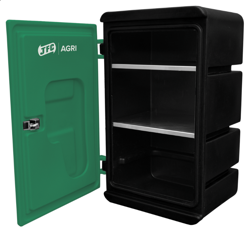JFC Medisafe lockable storage cabinet; green front door with JFC Agri logo, black body, wall-mount