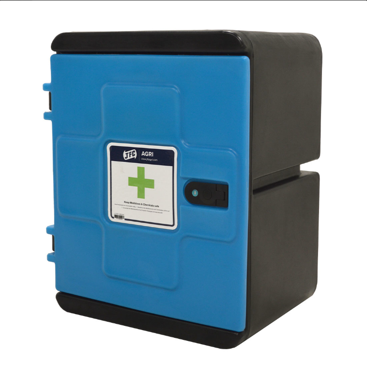 JFC Agri Medi-Safe storage cabinet blue front, black body, wall-mount, 135L