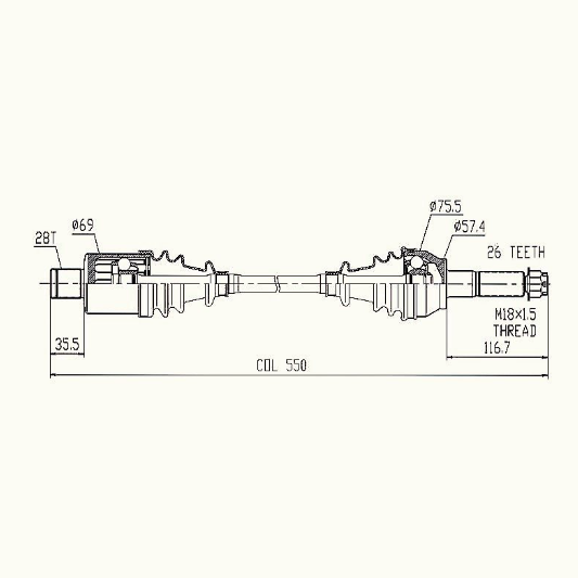 Polaris Sportsman rear CV driveshaft by Hyper, complete shaft for 2014–2017 325/450/570/Hawkeye; technical drawing