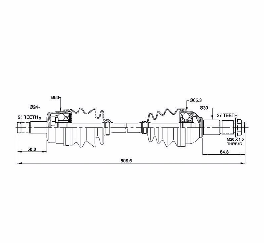 Hyper front CV driveshaft for Yamaha Grizzly 550/700 (YFM550/YFM700), dimensioned technical drawing.