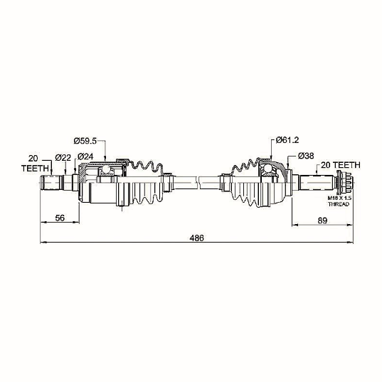 Hyper CV Shaft Complete – Front Left drive axle for Suzuki KingQuad 400 LT-A400F/LT-F400F 4WD; dimensional diagram
