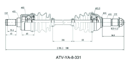 Hyper CV driveshaft rear for Yamaha Grizzly 550/700 and Kodiak 450 ATVs (2007–2021) – technical diagram