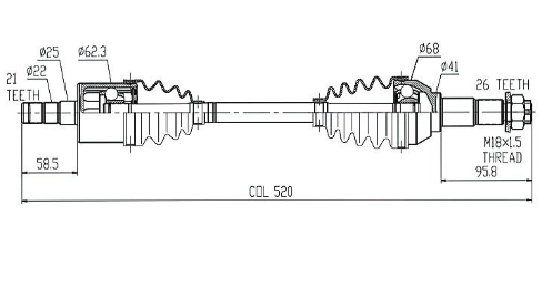 ATV City CV Shaft Complete for Can-Am Outlander L / Renegade 570 front-left drive shaft, line drawing, 2015–2018
