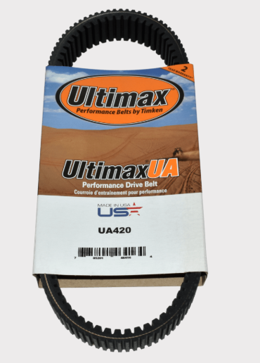 Ultimax UA420 CVT Drive Belt two-pack for Arctic Cat 700 Diesel, black belts on packaging