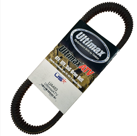 Ultimax UA483 CVT drive belt for CF-Moto ATVs; black rubber belt with Ultimax ATV packaging label.