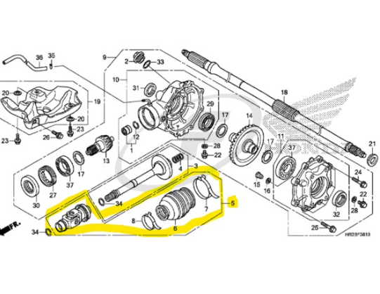 Rear joint assembly yoke prop shaft for Honda TRX ATVs, yellow-highlighted diagram, OEM 40300-HR3-A20