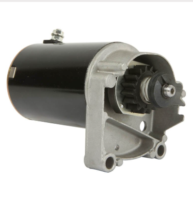 Starter motor for Briggs & Stratton small engine, 12V, 16-tooth gear, black body with silver mounting.