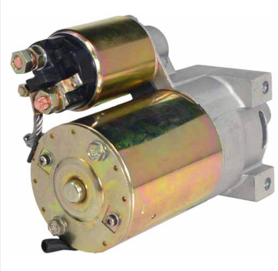 Starter motor, gold-tone 12V CW PMGR, 10-tooth, for Kohler Command/Aegis lawn tractors; DGT Agri replacement.