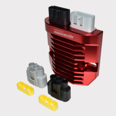Aluminium MOSFET regulator/rectifier with red housing and black/gray top connectors, plus yellow plug adapters.