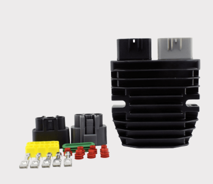 MOSFET voltage regulator rectifier by DGT Agri with black heatsink and connector kit for lithium-ion ATV/UTV/motorcycle