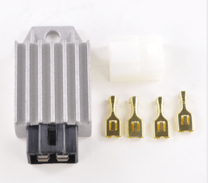 Voltage regulator module with aluminum heatsink, black 3-pin plug, four brass terminals, and white plastic cap