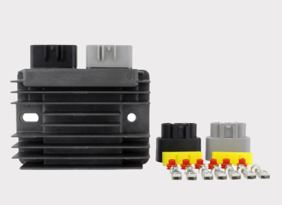 Regulator rectifier by DGT Agri for Kawasaki KAF400 Mule SX EFI, black finned unit with two connectors and six terminals