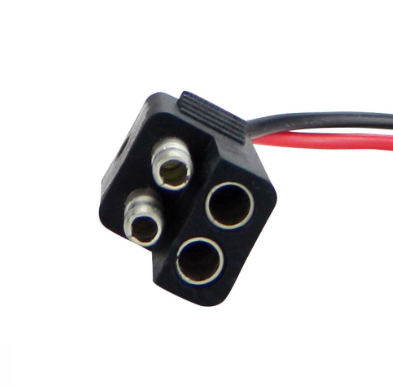 Regulator rectifier plug for Arctic Cat snowmobile, black 4-pin connector with red and black leads, by DGT Agri.