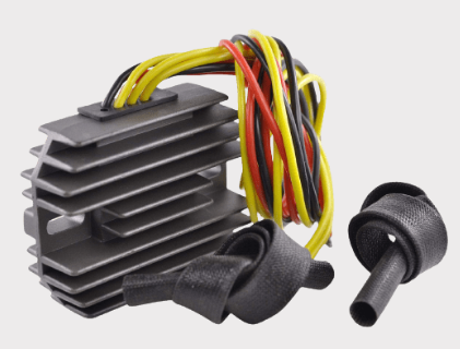 Universal MOSFET regulator/rectifier with improved heat sink and multi-vehicle wiring for motorcycles/ATVs/UTVs.