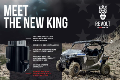REVOLT regulator rectifier advertisement for Victory Cross Country motorcycles (2008–2017) with off-road vehicle.