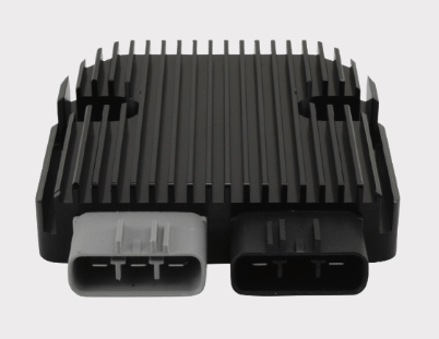 DGT Agri REVOLT regulator/rectifier for Honda TRX300 ATV; black finned aluminum with gray and black connectors.
