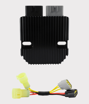 DGT Agri REVOLT regulator rectifier for ATV models; black finned unit with dual connectors and yellow wiring harness.