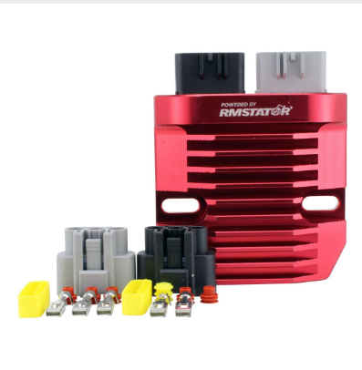 DGT Agri CNC Series regulator/rectifier in red with multi-pin connectors for Polaris Ranger/RZR and Indian Scout FTR.