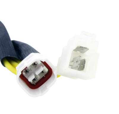 CNC MOSFET regulator rectifier wiring harness with white plug connectors on a black cable