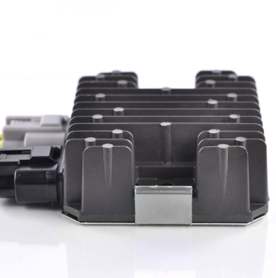 MOSFET regulator/rectifier module with black aluminum heatsink and side electrical connector.
