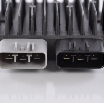 MOSFET regulator rectifier stage 2 kit connectors; gray and black multi-pin plugs with exposed pins on a heatsink