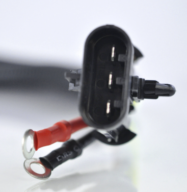 MOSFET regulator/rectifier by DGT Agri, black plastic module with red and black wires and ring terminals.