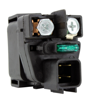 Starter solenoid in black plastic housing with green LED indicator and metal terminal screws