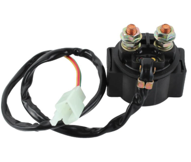 Starter relay for powersports ATV/quad/scooter with black housing, two terminal studs, and universal-fit wiring harness.