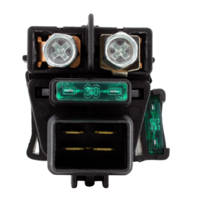 Starter solenoid for Suzuki ATV; black plastic housing with dual top terminals and a green indicator window