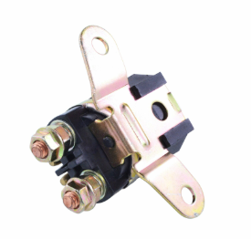 Starter solenoid with mounting bracket, black body and gold-toned mounting plate for Suzuki ATVs.