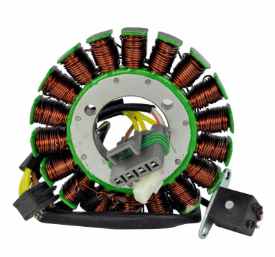Generator Stator for Polaris ATV/UTV with copper windings on a green frame and wiring harness