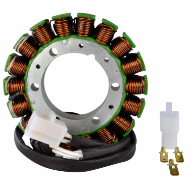 Stator generator for Kawasaki KVF400 Prairie ATV with copper windings and green ends, includes wiring harness.