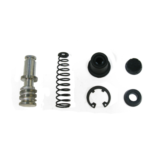 Front master cylinder rebuild kit components: metal piston, steel coil spring, black rubber seals and retaining rings.