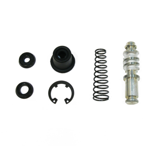 Front brake master cylinder rebuild kit components: seals, boot, spring, retaining clip, and plunger for ATV.