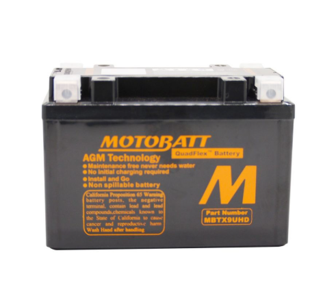 Motobatt MBTX9UHD battery, black case with orange Motobatt logo and label