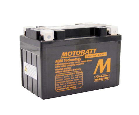 Motobatt MBTX9UHD battery, black case with orange Motobatt label and visible top terminals