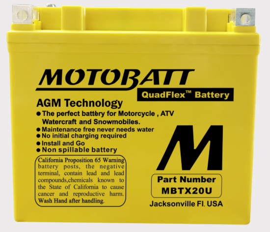 Motobatt MBTX24U battery, yellow case with AGM technology and QuadFlex branding.