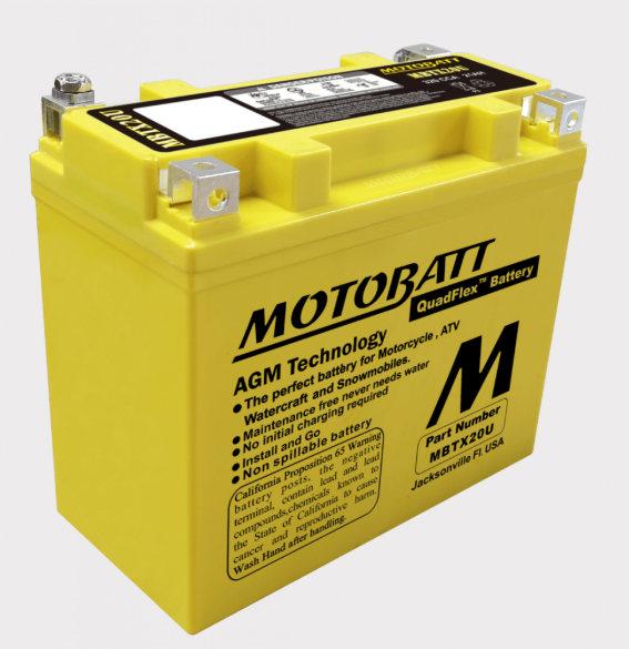Motobatt MBTX24U yellow AGM motorcycle battery with large M logo