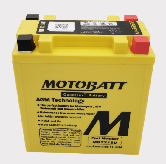Motobatt MBTX16U yellow AGM motorcycle battery with black top.