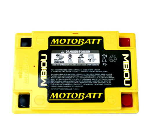 Motobatt MB10U motorcycle battery with yellow case and black label