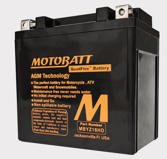 Motobatt MBYZ16HD battery, black AGM motorcycle battery with orange Motobatt logo and MBYZ16HD part number