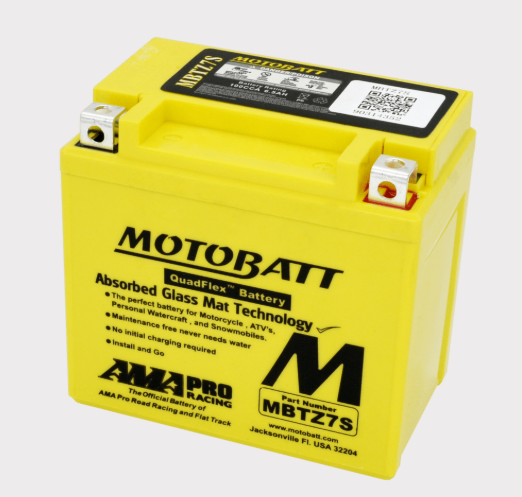 Motobatt MBTZ7S battery, yellow AGM motorcycle battery with Motobatt branding