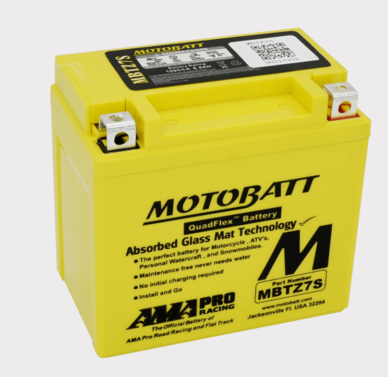 Motobatt MBTZ7S battery with yellow case and QuadFlex technology label