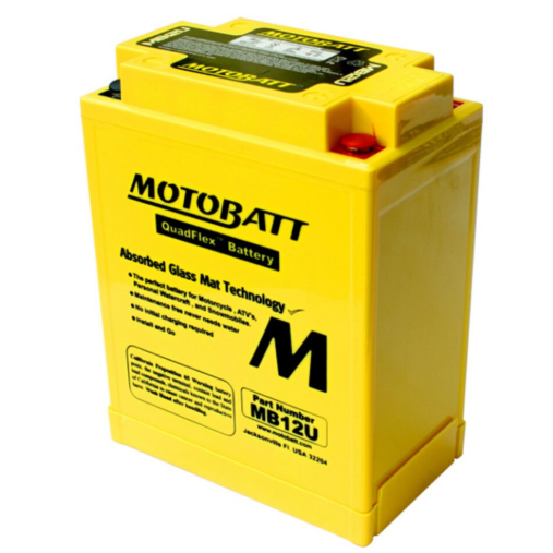 Motobatt MB12U battery, yellow case with Motobatt branding and label.